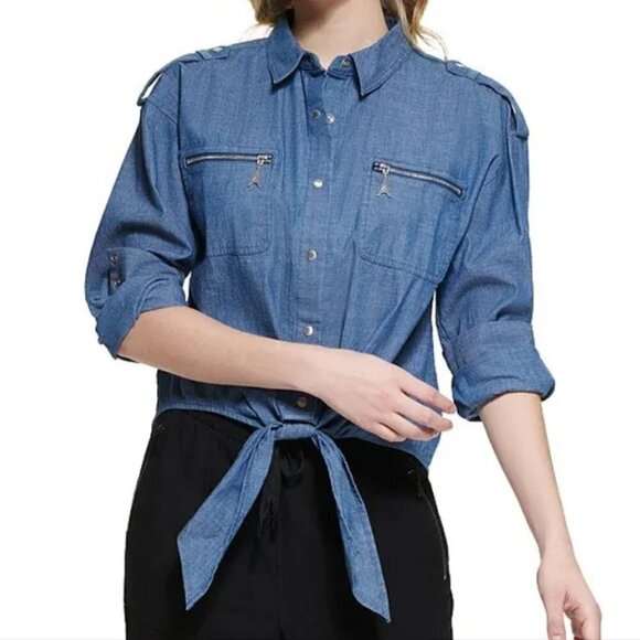 Karl Lagerfeld Size Unknown, Tie Front Zipper Pocket Button Down Denim Shirt - Picture 1 of 14